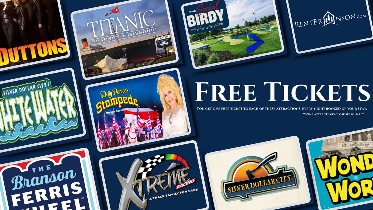 A bright, colorful interior scene focused on attraction tickets and logos for Silver Dollar City, Dolly Parton's Stampede, and the Branson Ferris Wheel. The bold text and energetic mood communicate the excitement of exploring Branson’s top attractions.