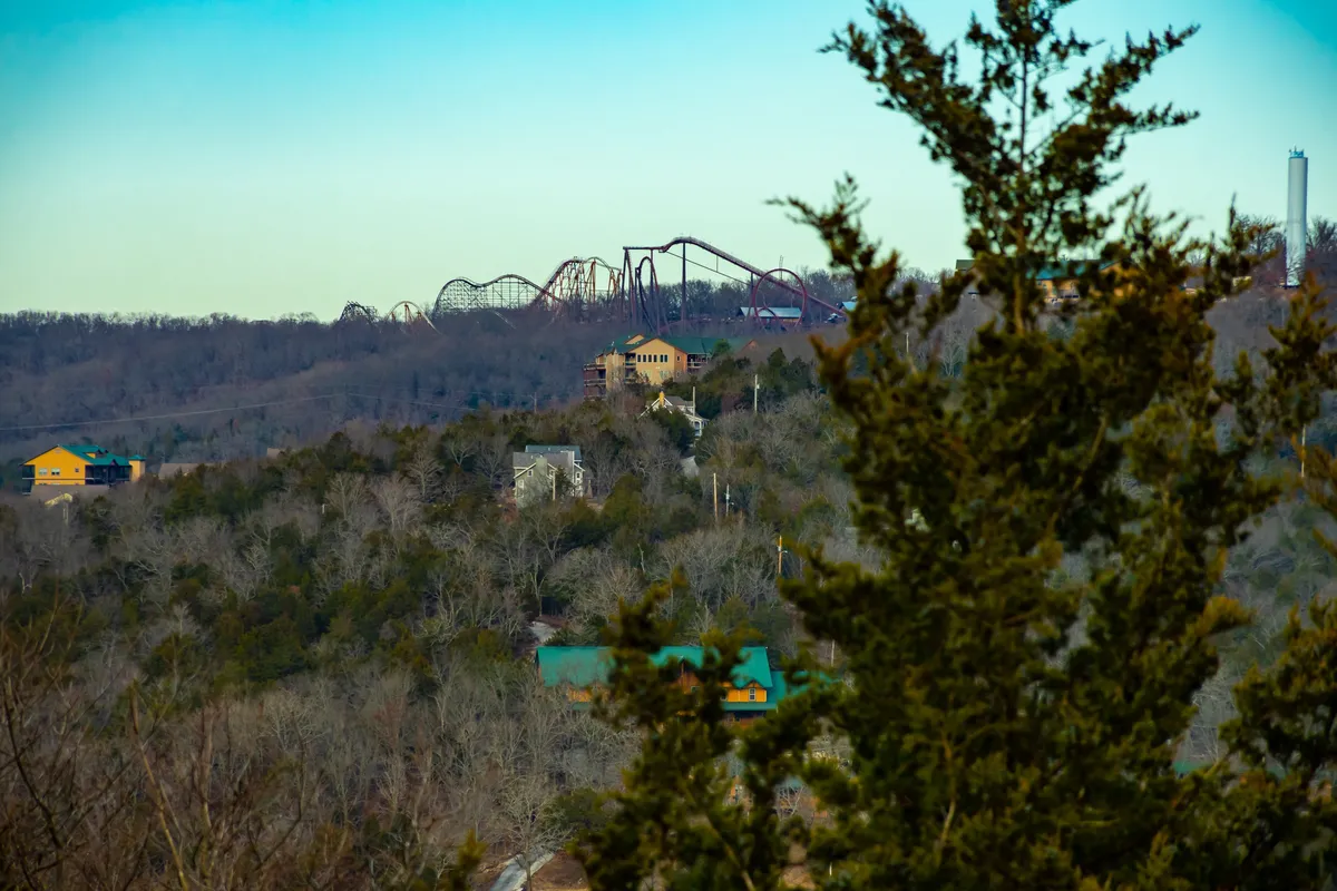A distant view revealing the thrilling silhouette of a roller coaster just beyond the treetops, with surrounding homes nestled in greenery. The image connects the property’s tranquility to the excitement of nearby attractions.